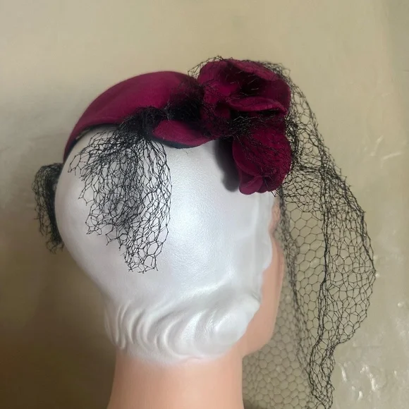 REGAL 1940's FUCHSIA FELT HAT - BLACK MUTTON TRIM AND FELT "ROSES" + FULL VEIL